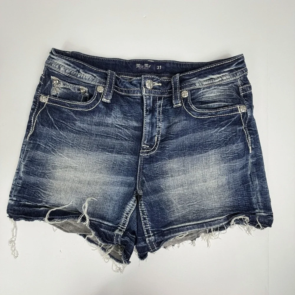 Miss Me Longhorn Embroidered Denim Shorts Women's Size 31 Mid Rise Western Boho - Picture 5 of 10